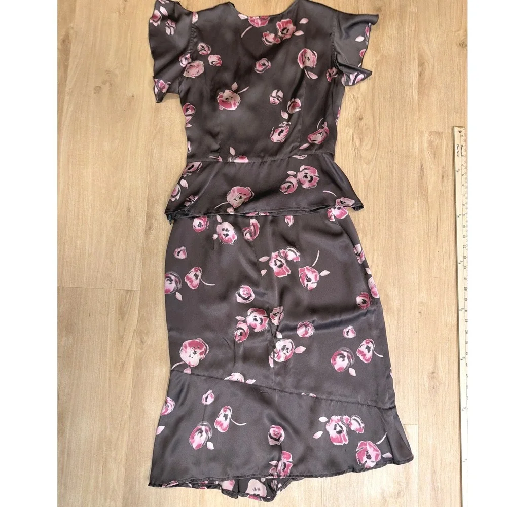 Gerard Darel Vintage Silk 2 Piece Set Brown Pink Floral Wrap Top Midi Skirt 42